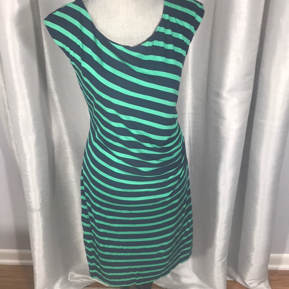 LOFT Blue/ Green Stripe Dress w/ side ruching